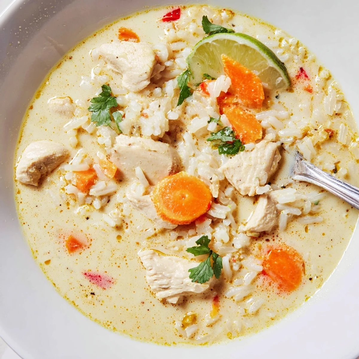 Bowl of Golden Coconut Chicken Rice Soup topped with cilantro and lime