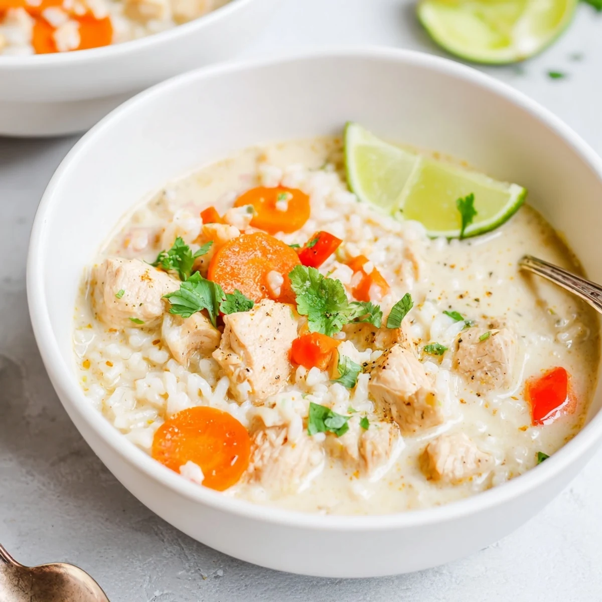 Golden Coconut Chicken Rice Soup being ladled from pot, silky broth and tender chicken
