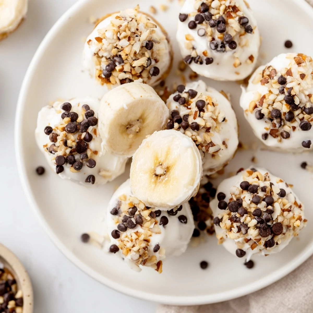 Frozen Banana Yogurt Bites arranged on parchment, creamy coating, sprinkled with coconut  