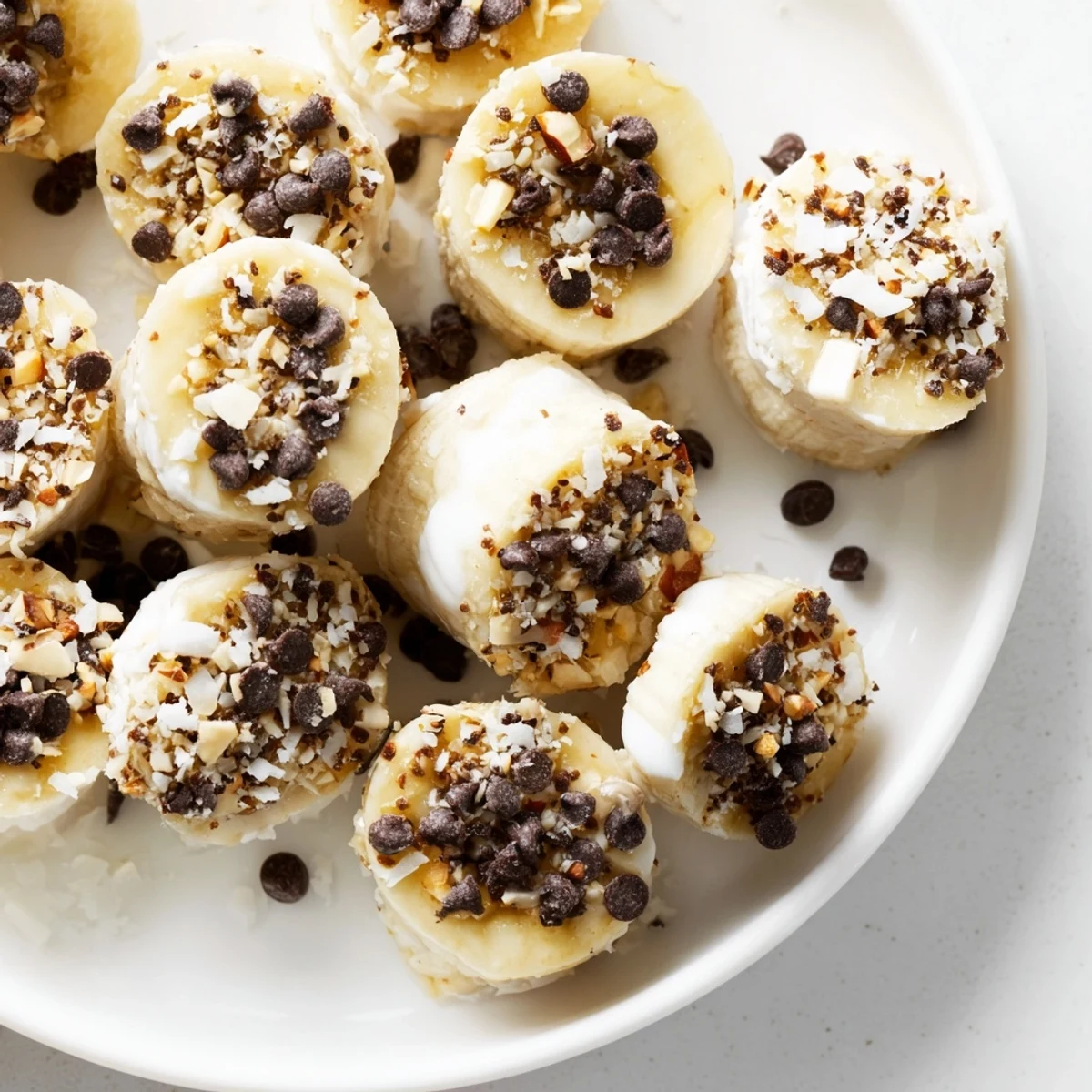 Close-up of Frozen Banana Yogurt Bites showing yogurt sheen and nut crunch