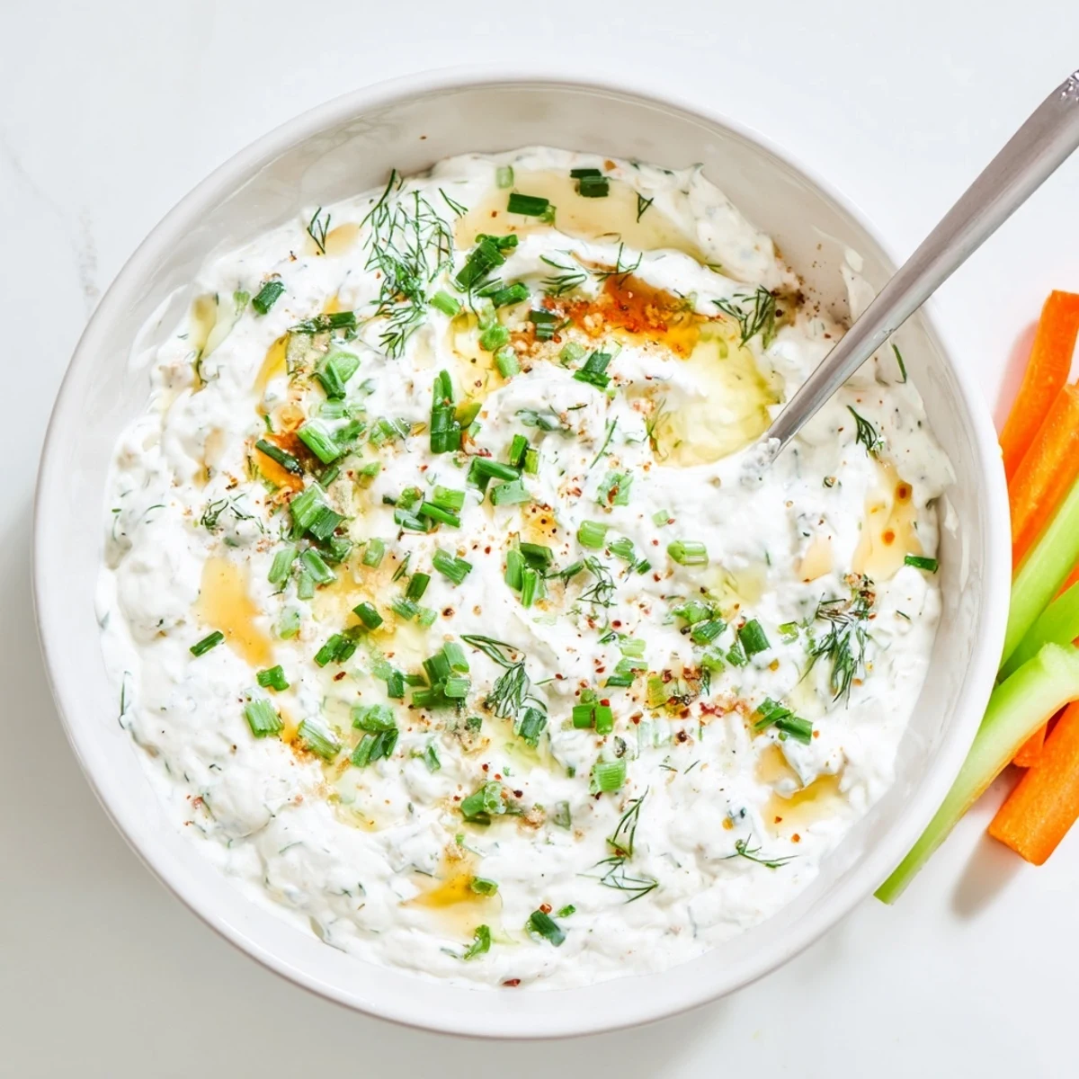 Chilled Hot Honey Ranch Dip surrounded by carrot sticks, celery, and crispy chips