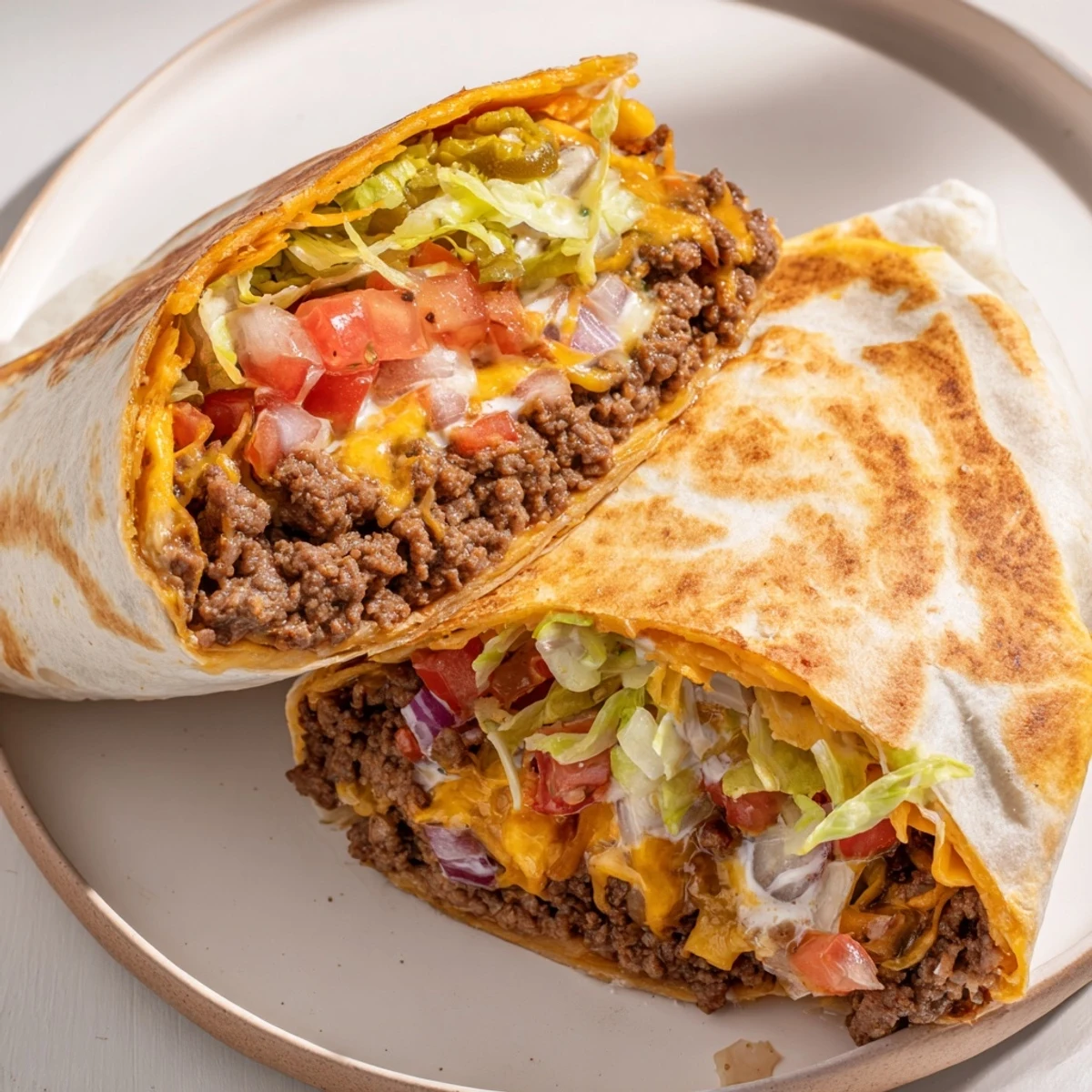 Crispy Ultimate Cheesy Beef Crunch Wraps sliced, crunchy tostada center visible