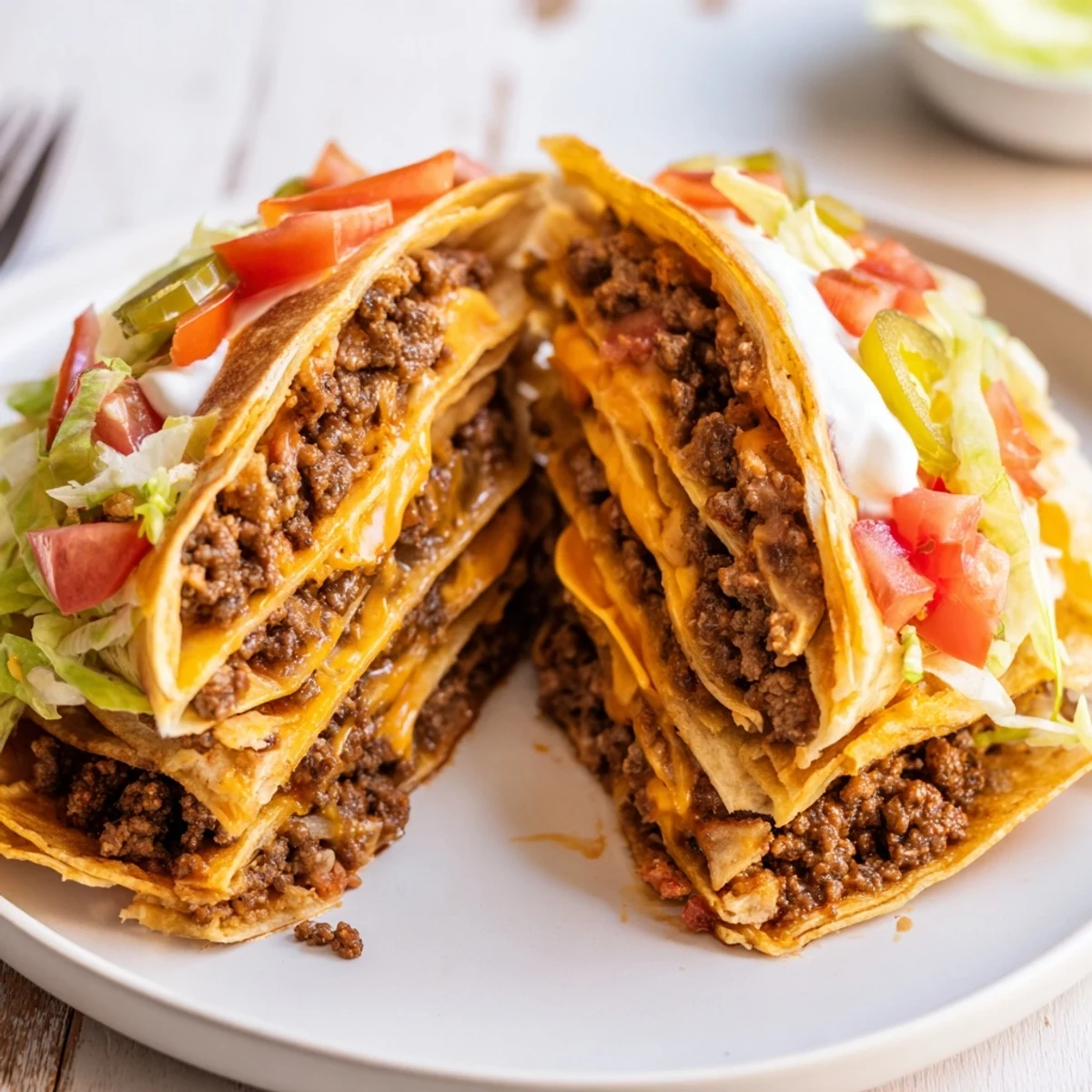 Ultimate Cheesy Beef Crunch Wraps, golden toasted halves oozing melted cheddar
