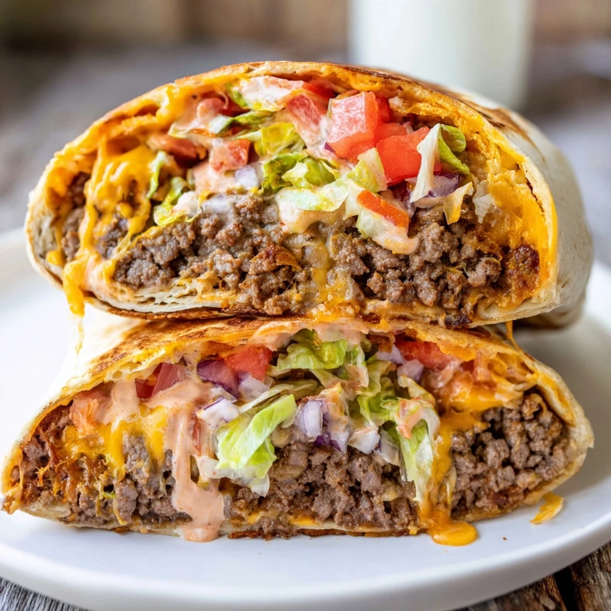 Plate of Ultimate Cheesy Beef Crunch Wraps with salsa and creamy sour cream