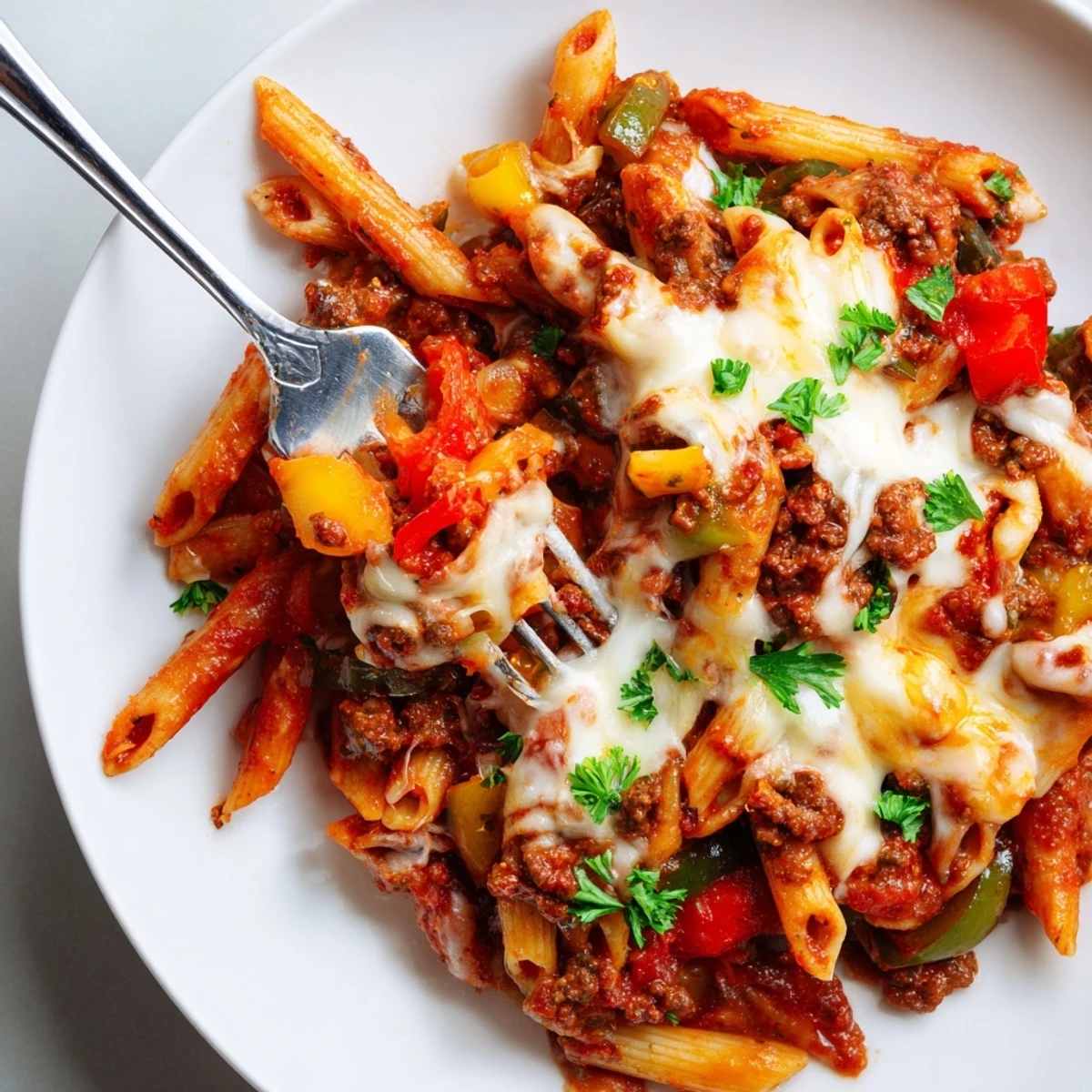 Cheesy Stuffed Pepper Skillet Pasta bubbling with melted mozzarella, colorful peppers, steaming hot