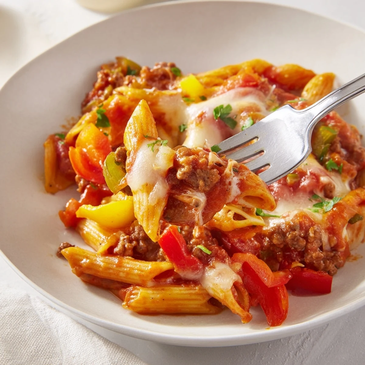 Weeknight-ready Cheesy Stuffed Pepper Skillet Pasta with savory beef, aromatic tomato sauce