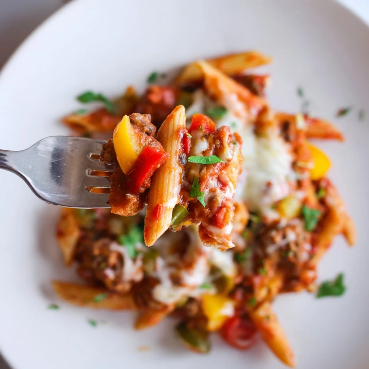Hearty Cheesy Stuffed Pepper Skillet Pasta served hot in one-pan comfort, garnished with parsley