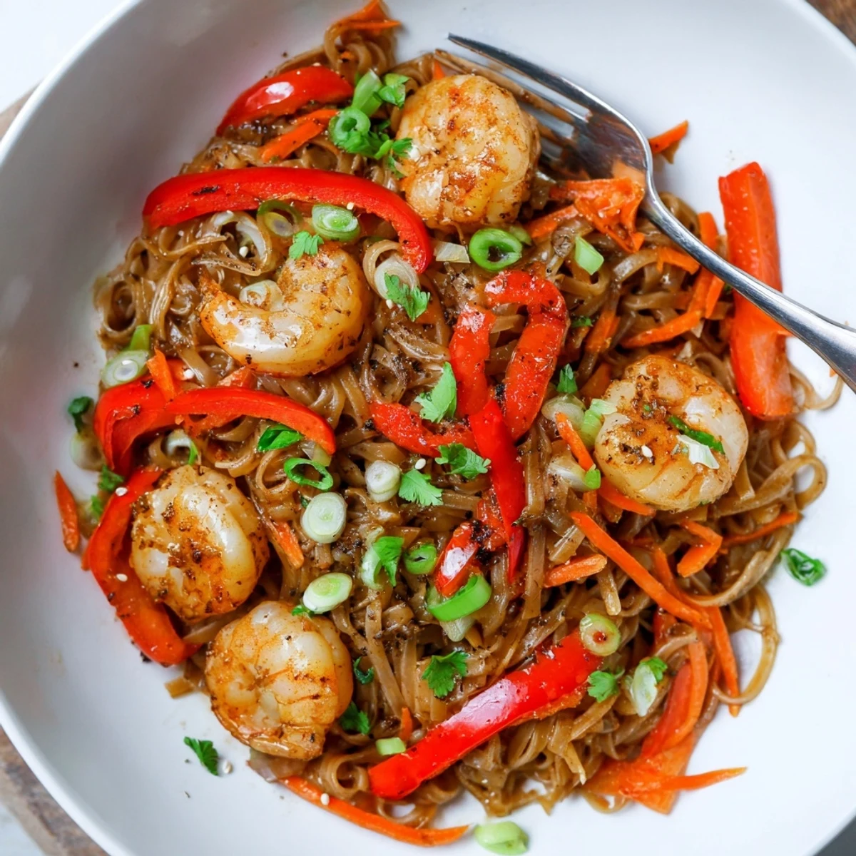 Pan tossed Spicy Garlic Shrimp Noodles steaming with cilantro and lime wedges