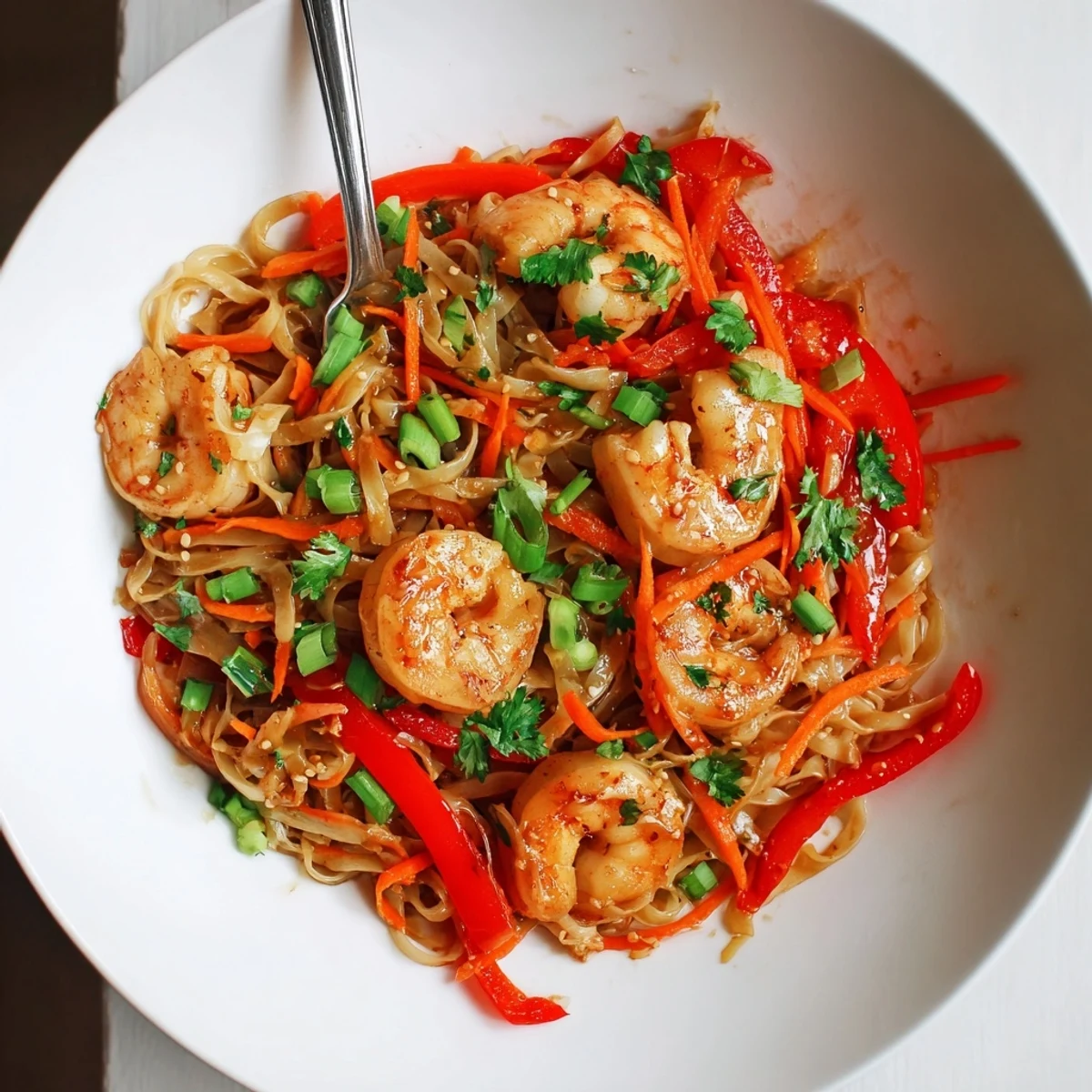 Close up of Spicy Garlic Shrimp Noodles glistening in chili garlic sauce, tender shrimp