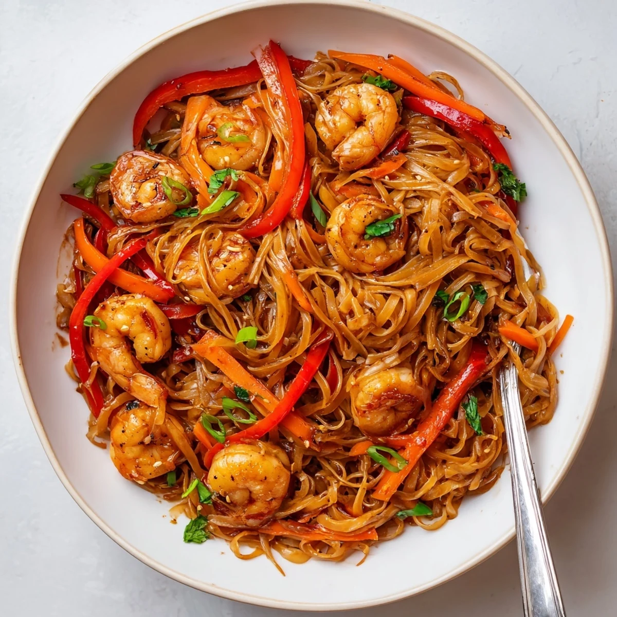 Weeknight ready Spicy Garlic Shrimp Noodles tossed with crisp peppers, carrots, and scallions
