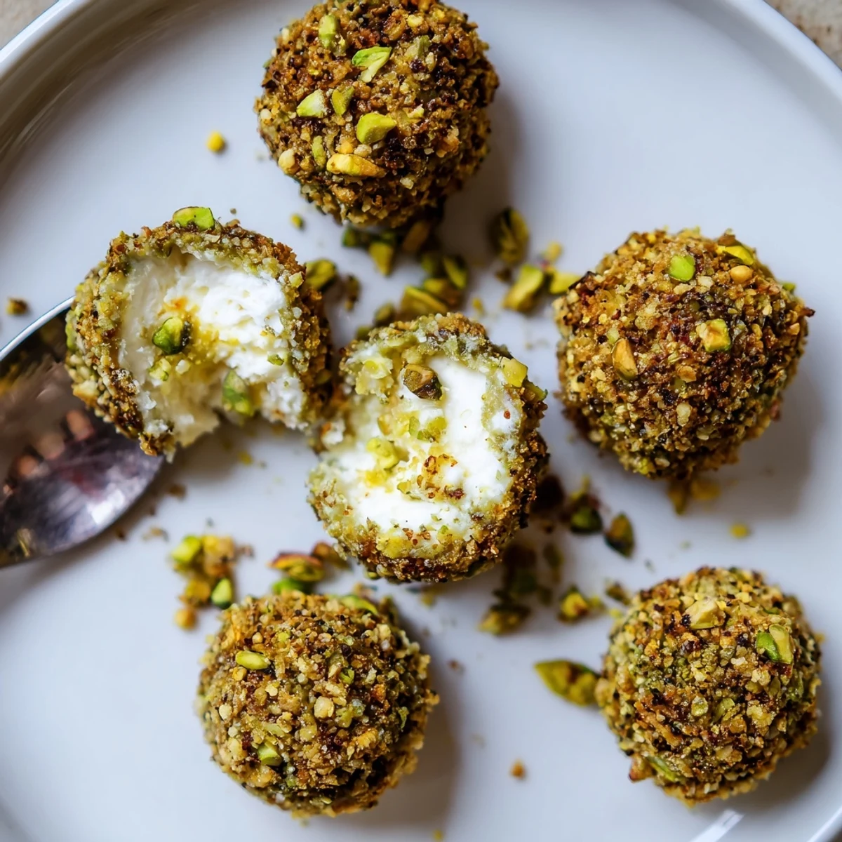 Savory Pistachio Crusted Cheese Bites with creamy centers and crunchy green coating