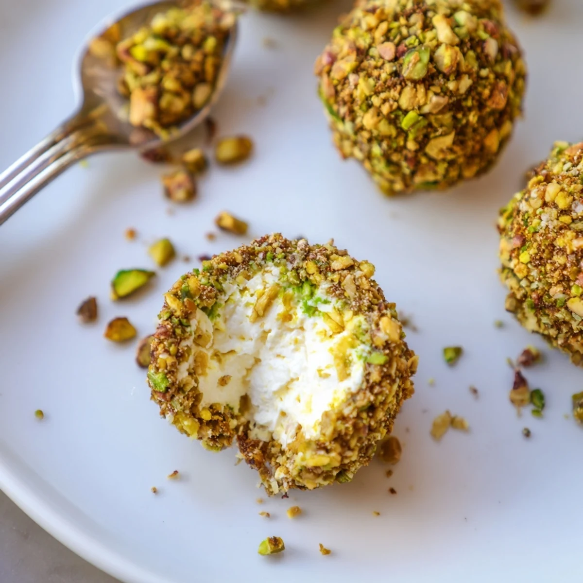 Plate of Savory Pistachio Crusted Cheese Bites garnished with chives and lemon zest
