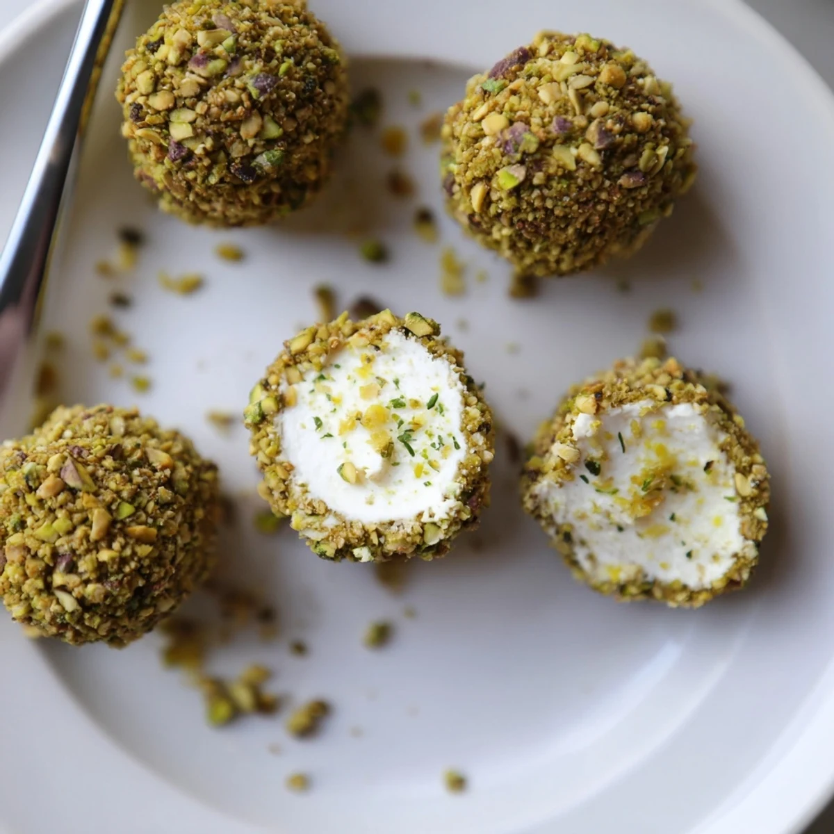 Savory Pistachio Crusted Cheese Bites on crostini, ideal for elegant appetizer boards