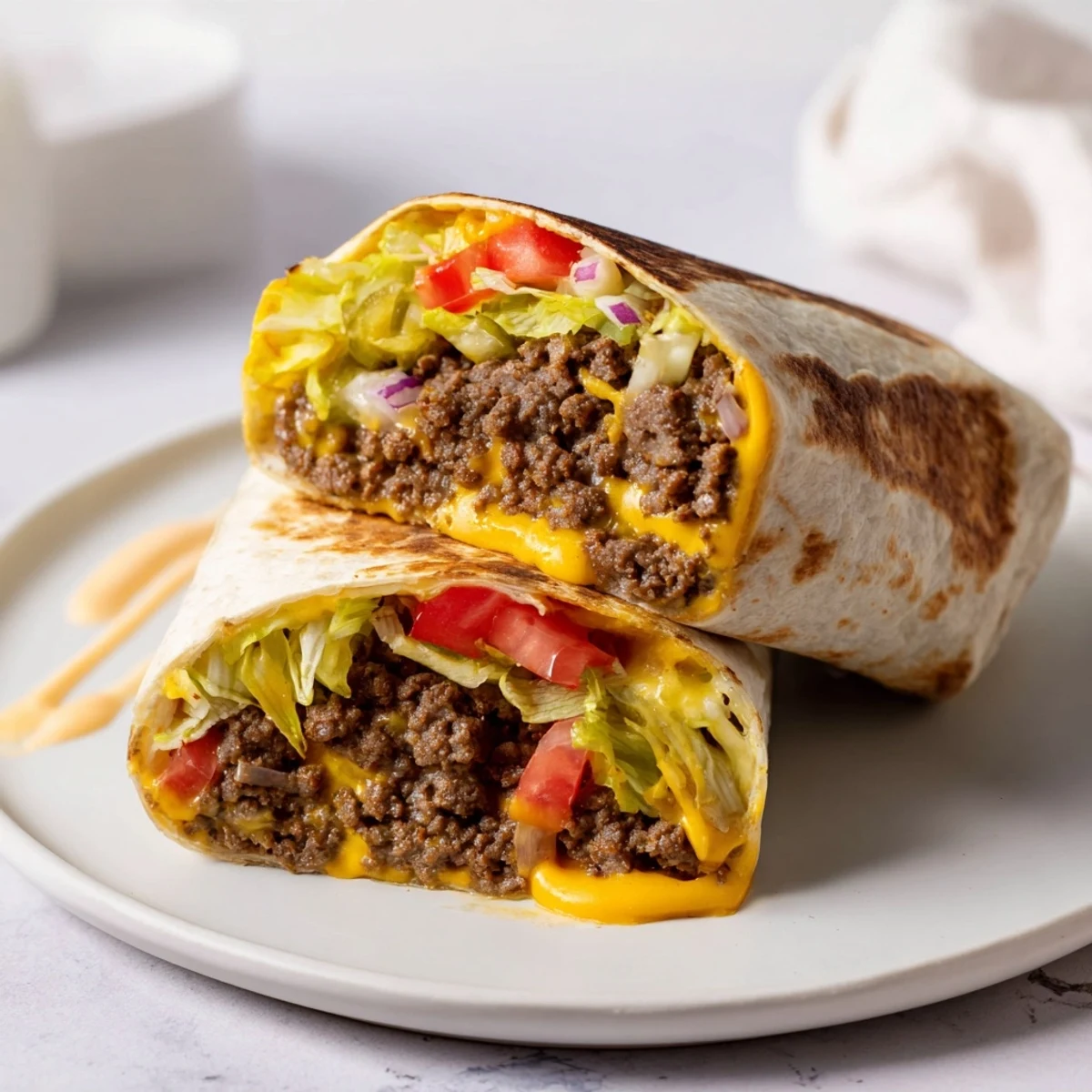 Cheeseburger Wrap Recipe showing melty cheddar, juicy beef, and crisp lettuce.