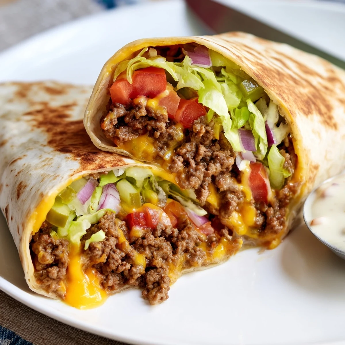 Cheeseburger Wrap Recipe rolled tight with pickles, tomato, ketchup, and creamy mayo.