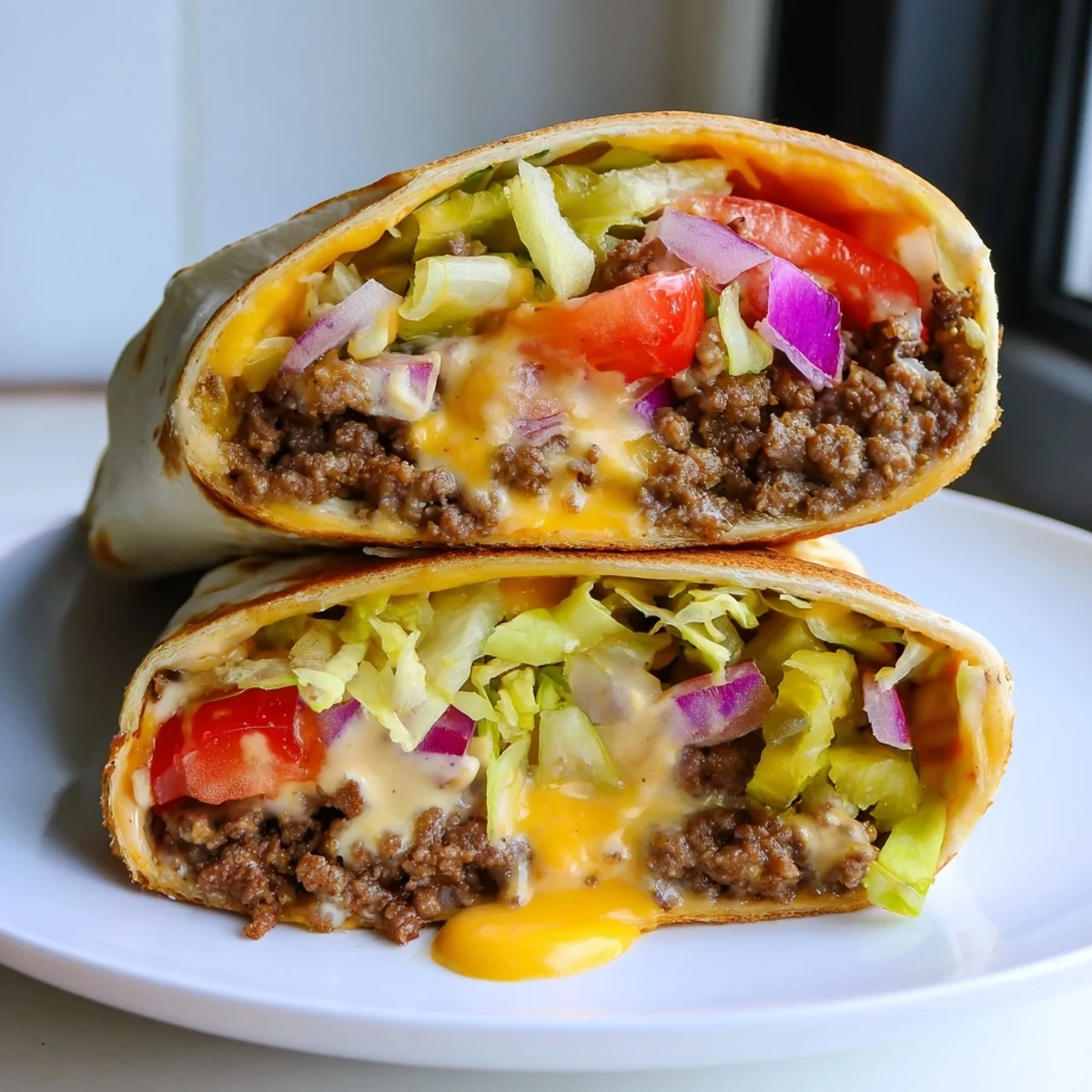 Cheeseburger Wrap Recipe sliced in half on skillet, toasted golden, ready.