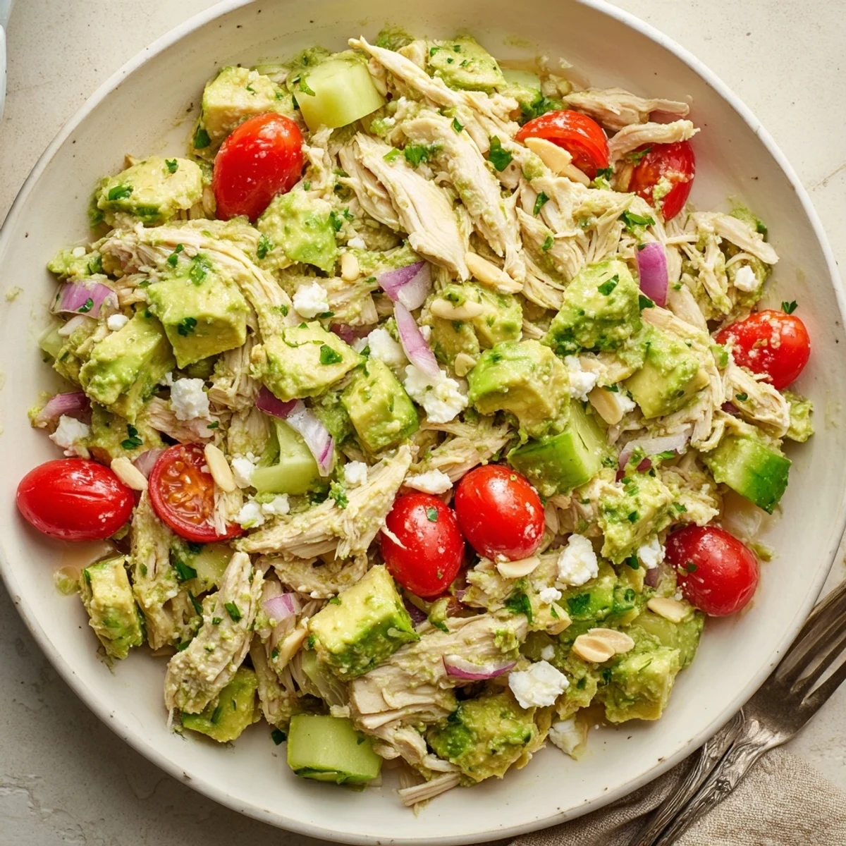 Avocado Chicken Salad served with silky avocado, tender chicken, bright lime dressing.