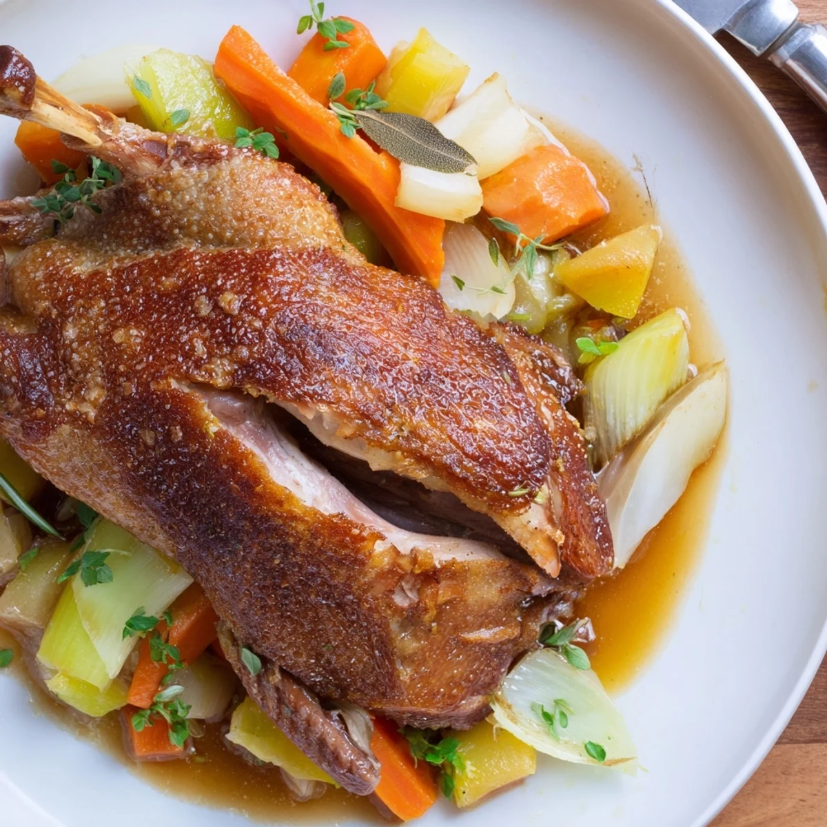 Crispy Braised Duck With Savory Vegetables, golden skin glistening over braised carrots  