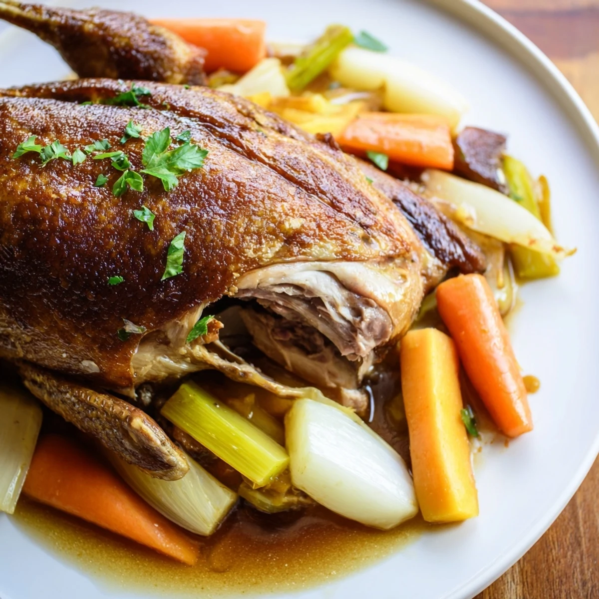 Crispy Braised Duck With Savory Vegetables served family-style, thyme-scented juices pooling