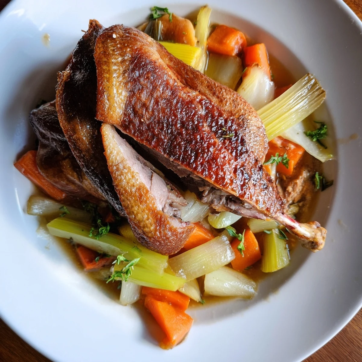 Plate of Crispy Braised Duck With Savory Vegetables, aromatic herbs and pan juices  