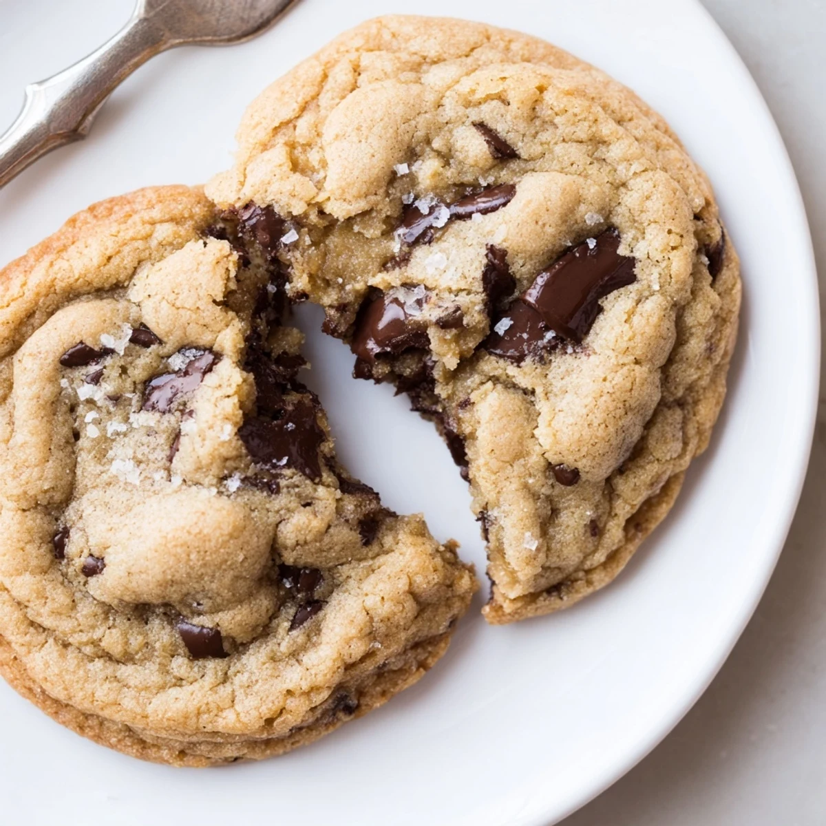 Chewy Chocolate Chip Cookies on parchment baking sheet, buttery aroma, pinch of sea salt