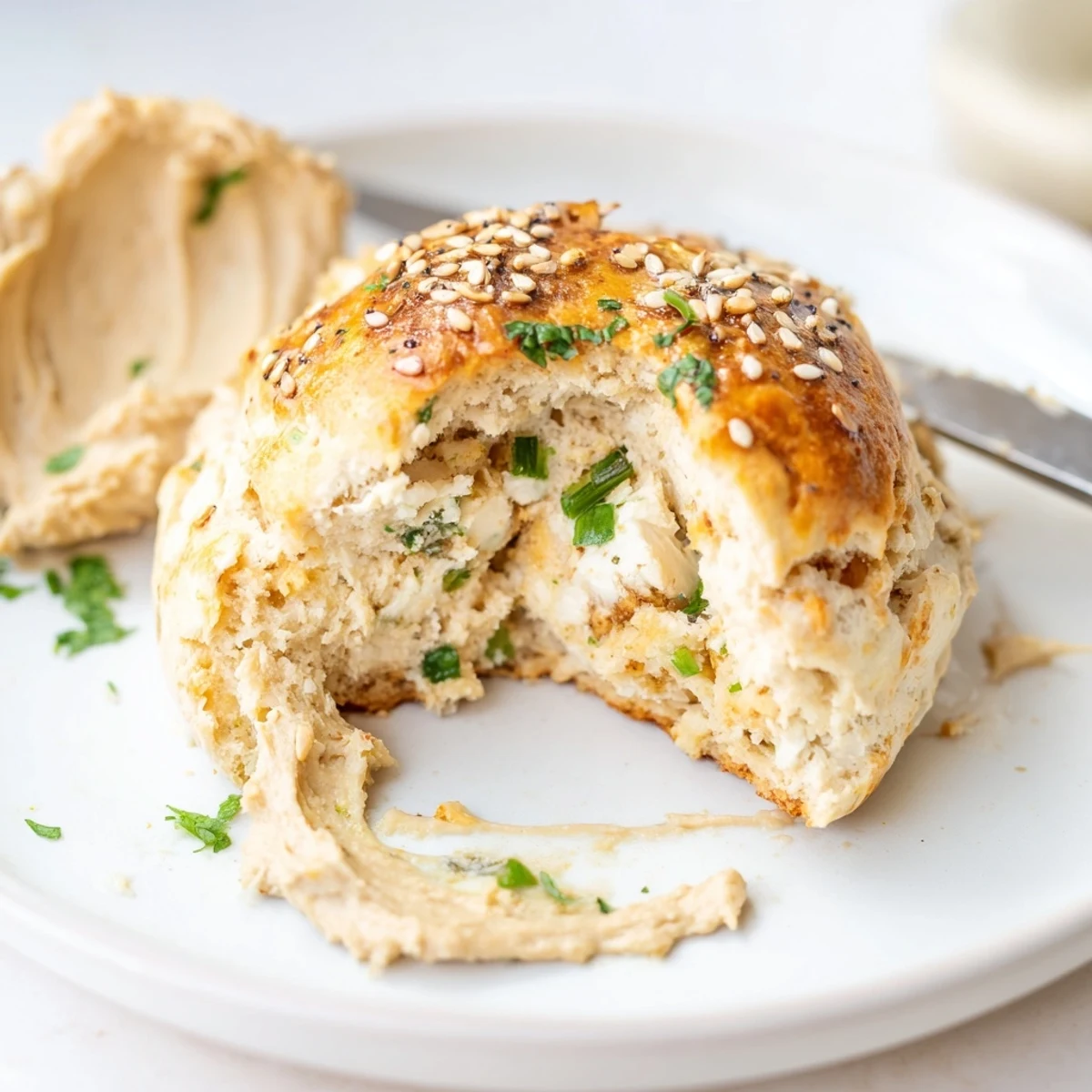 Warm Humous Scones split open, fluffy interior and sesame-topped golden crust