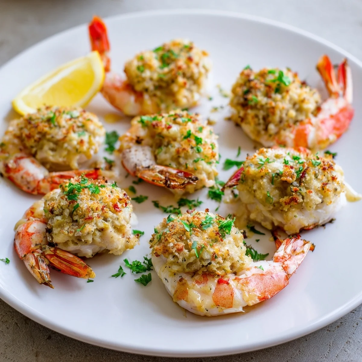 Crab cake stuffed shrimp with cowboy butter, golden baked, drizzled lemony sauce