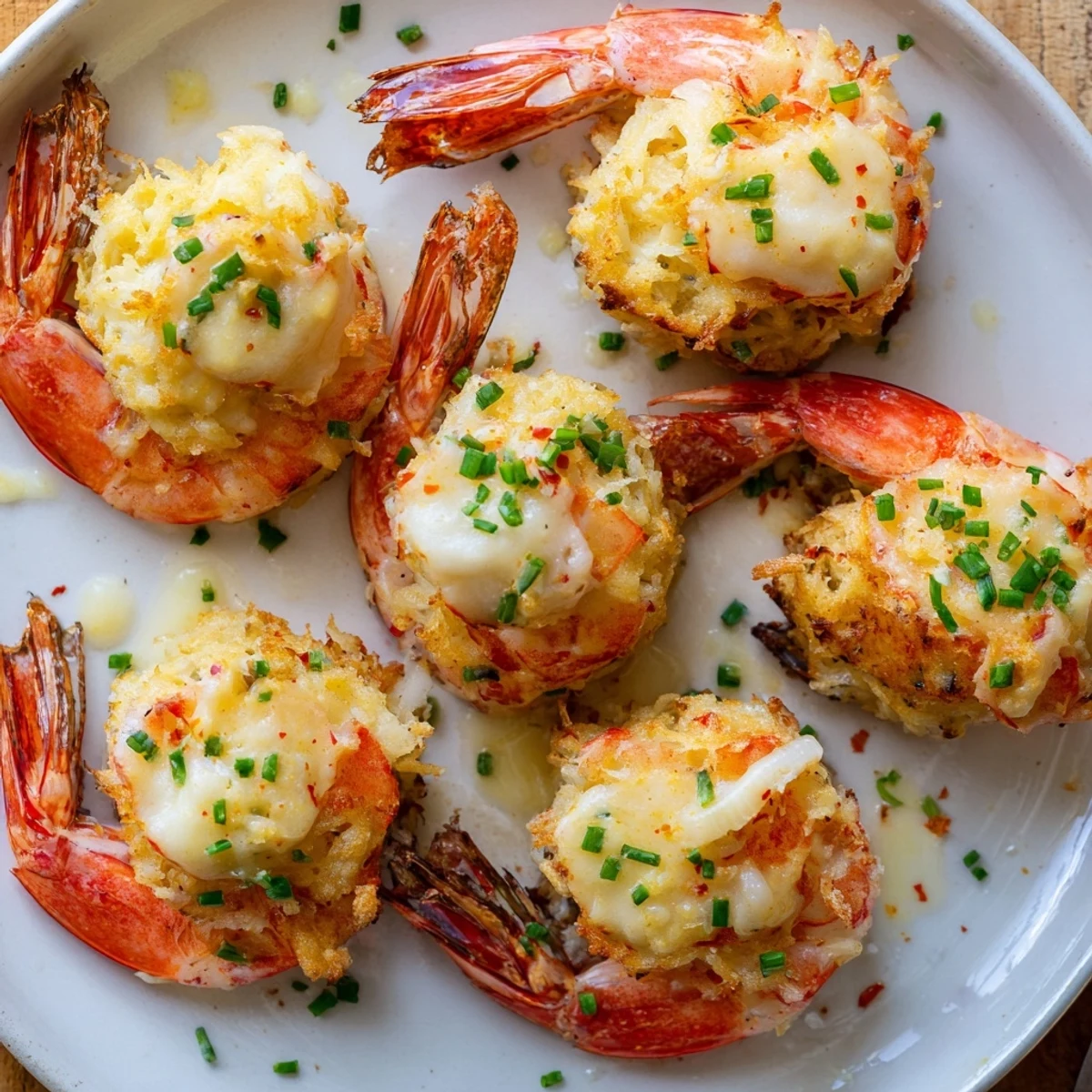 Oven baked Crab cake stuffed shrimp with cowboy butter on platter, parsley garnish