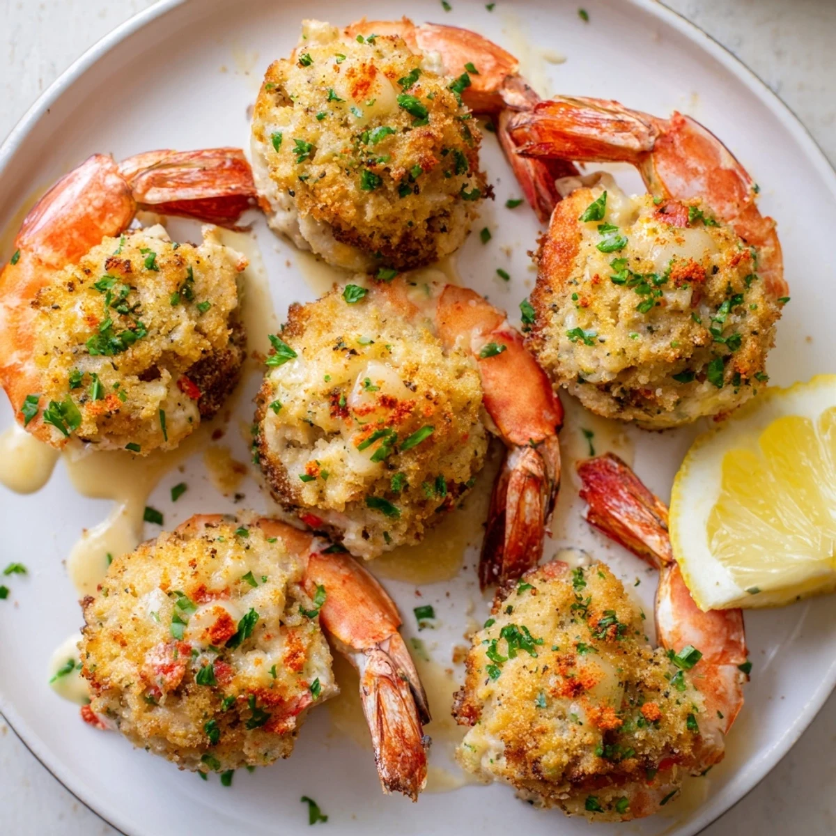 Warm lemon wedges beside Crab cake stuffed shrimp with cowboy butter, buttery aroma