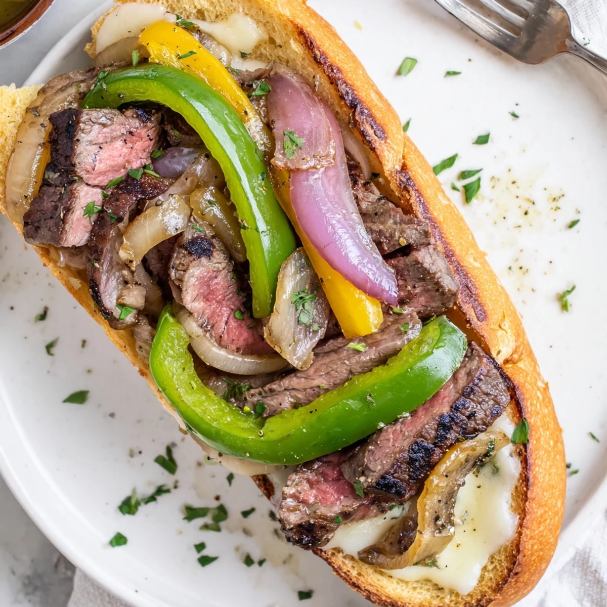Philly Cheesesteak Garlic Bread with melted provolone, sizzling steak and peppers.