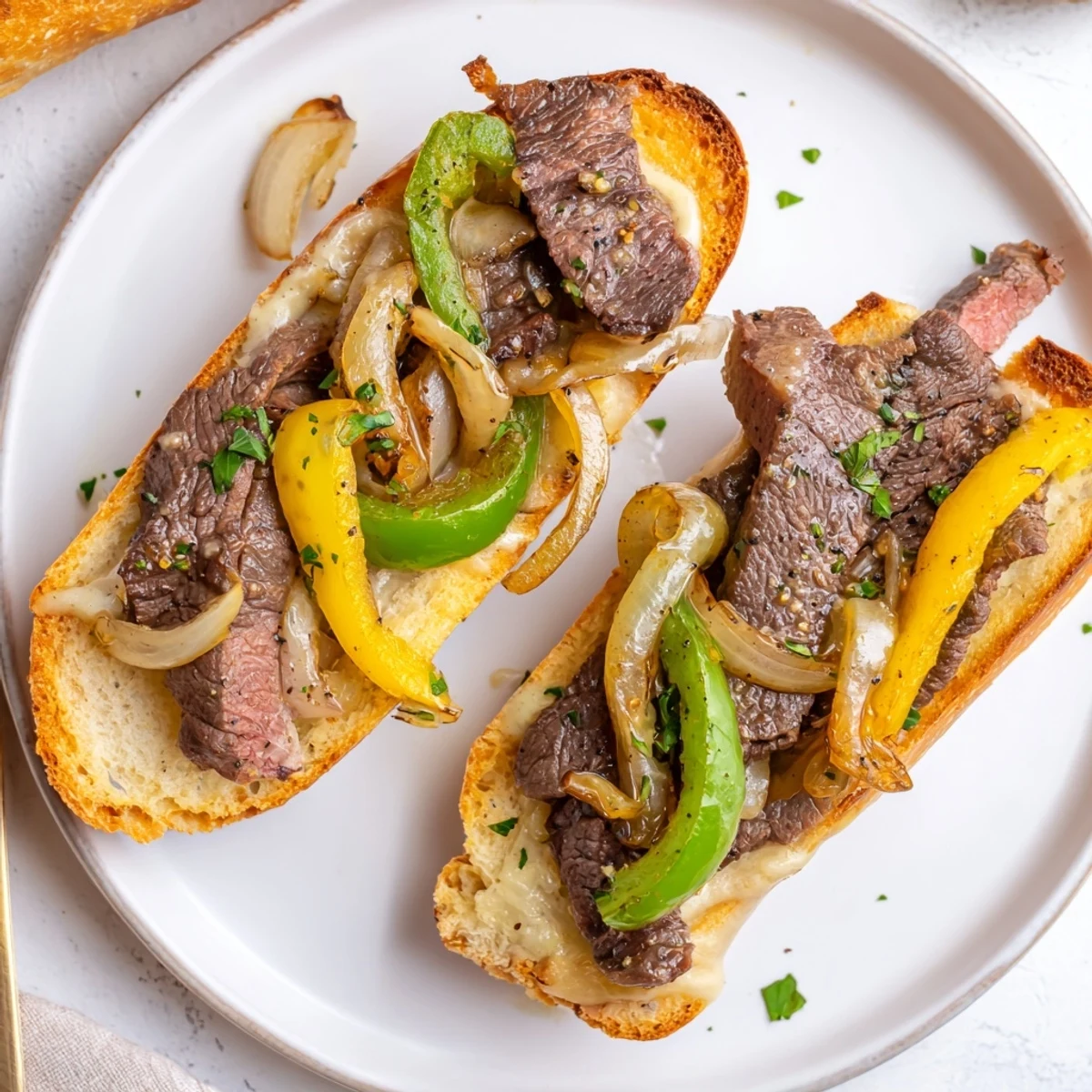 Toasted Philly Cheesesteak Garlic Bread on parchment, ready to slice and serve.