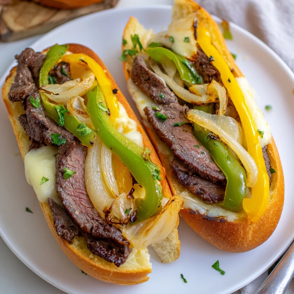 Buttery Philly Cheesesteak Garlic Bread topped with sautéed onions, peppers, and parsley.