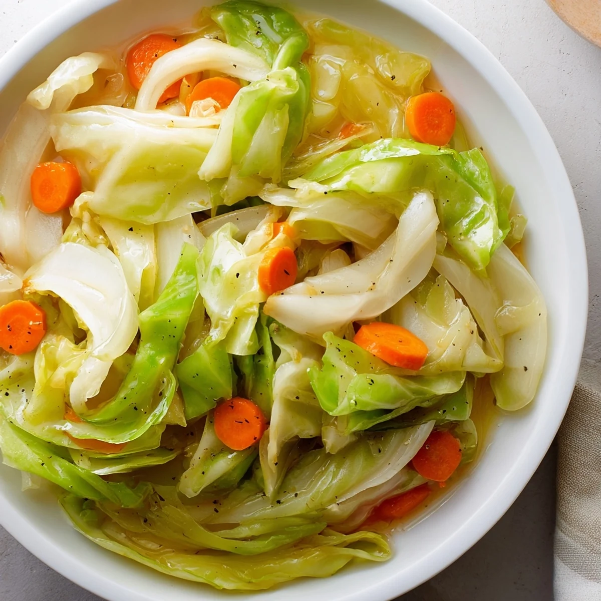 Warm Savory Braised Cabbage Recipe served hot with crusty bread, bright vinegar tang
