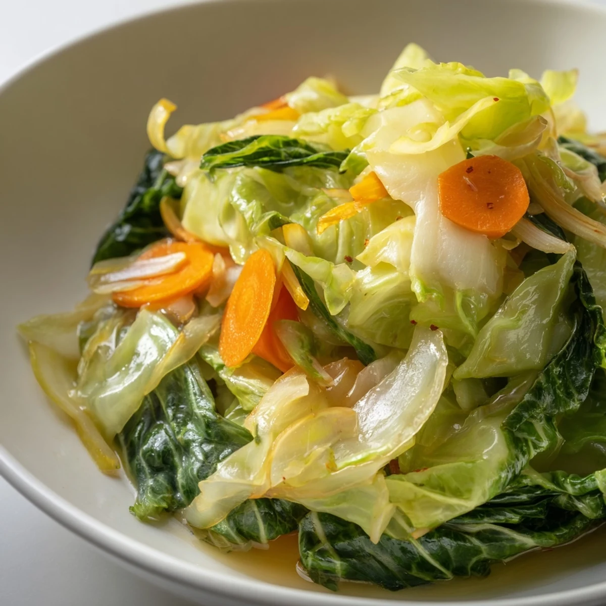 Simple Savory Braised Cabbage Recipe in Dutch oven, caramelized onions and carrots