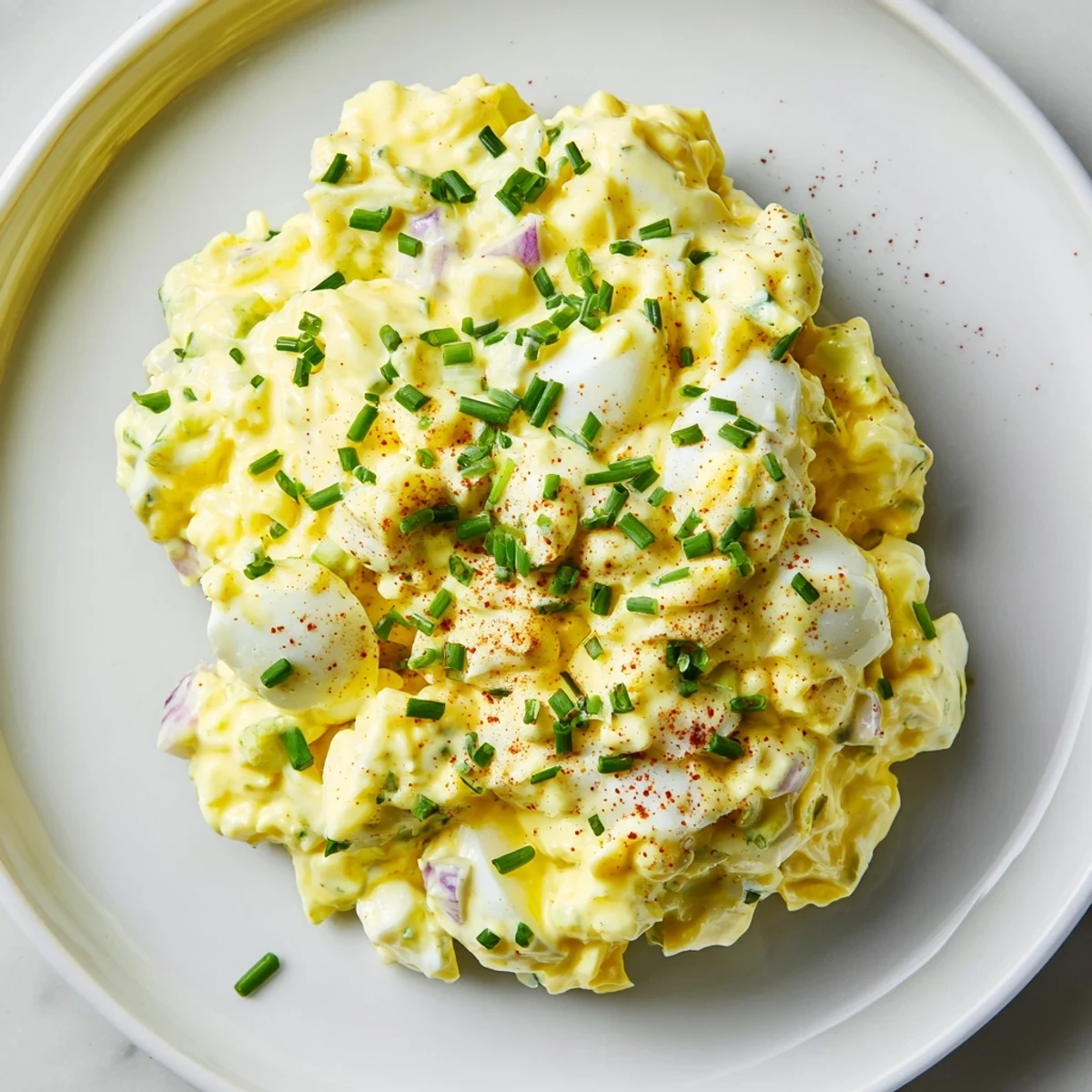 Creamy Classic Egg Salad Recipe on toasted sourdough, sprinkled with paprika.  