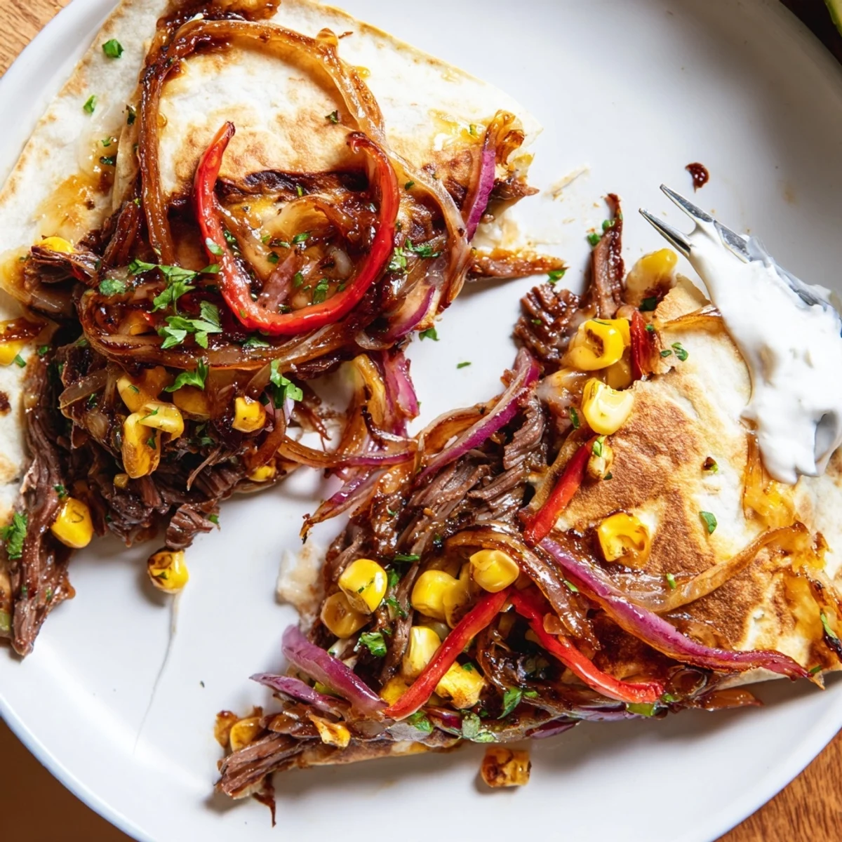 Sweet Savory Beef Quesadillas Recipe on skillet, golden crust and melted cheese  