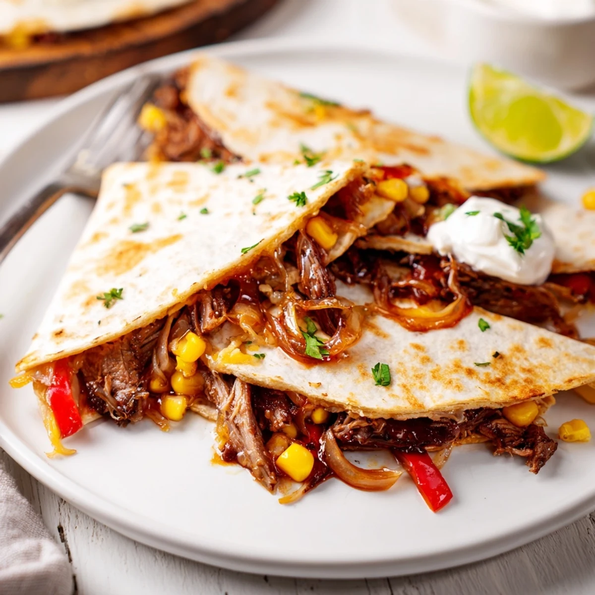 Crisp tortillas hiding sweet glazed beef and cheese in Sweet Savory Beef Quesadillas Recipe
