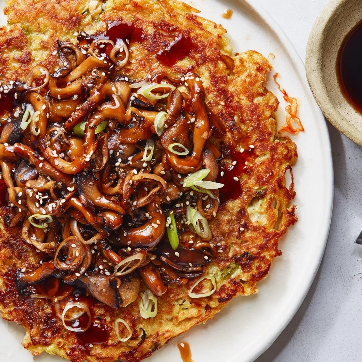 Vegan Kimchi Pancake With Tamari Mushrooms, crispy edges and savory glazed mushrooms