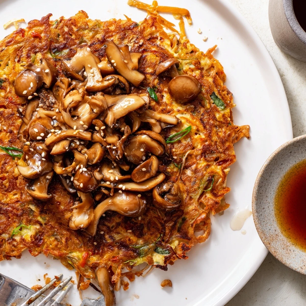 Pan seared Vegan Kimchi Pancake With Tamari Mushrooms topped with scallions, dipping sauce