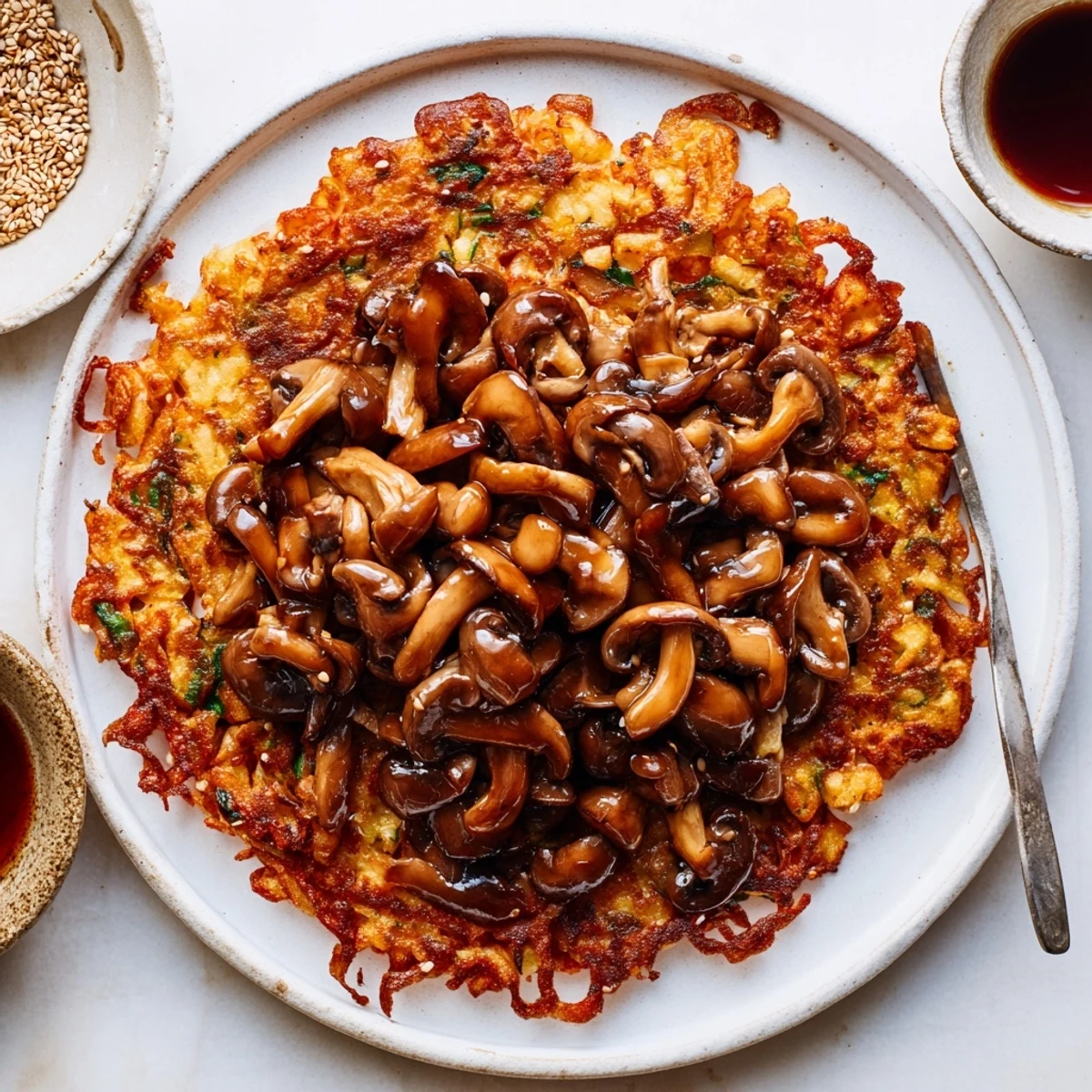Stacked Vegan Kimchi Pancake With Tamari Mushrooms, tangy kimchi inside, warm umami topping