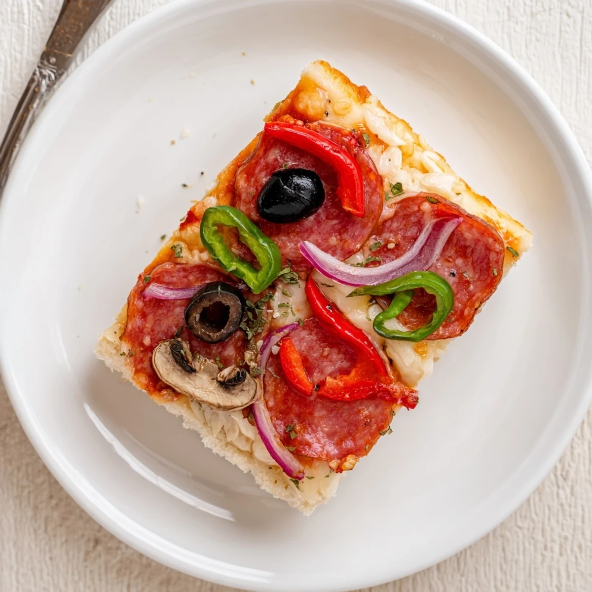 Focaccia Pizza Supreme with bubbling mozzarella, golden edges, and fresh basil garnish