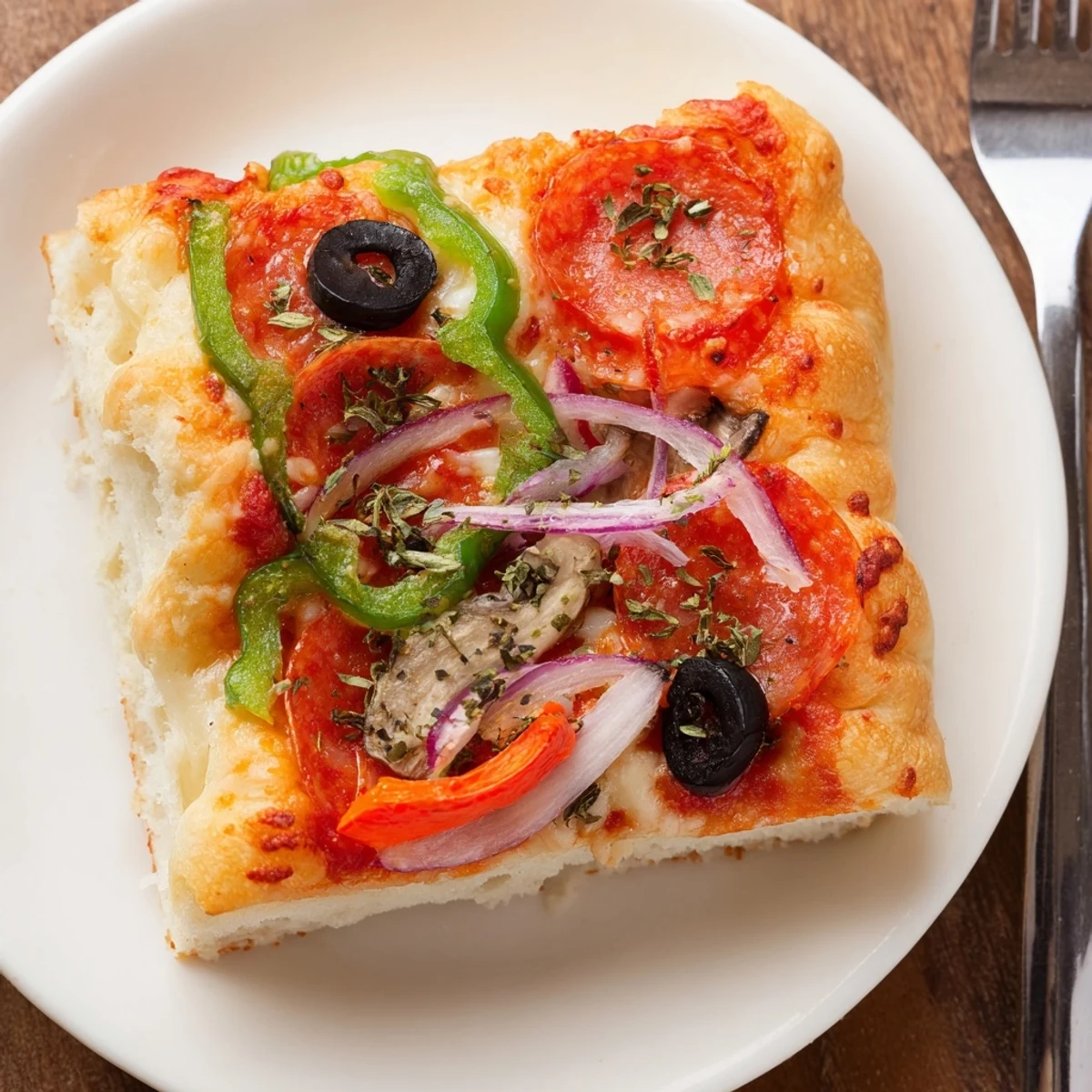 Sliced Focaccia Pizza Supreme on a sheet pan, warm, aromatic, ready to share