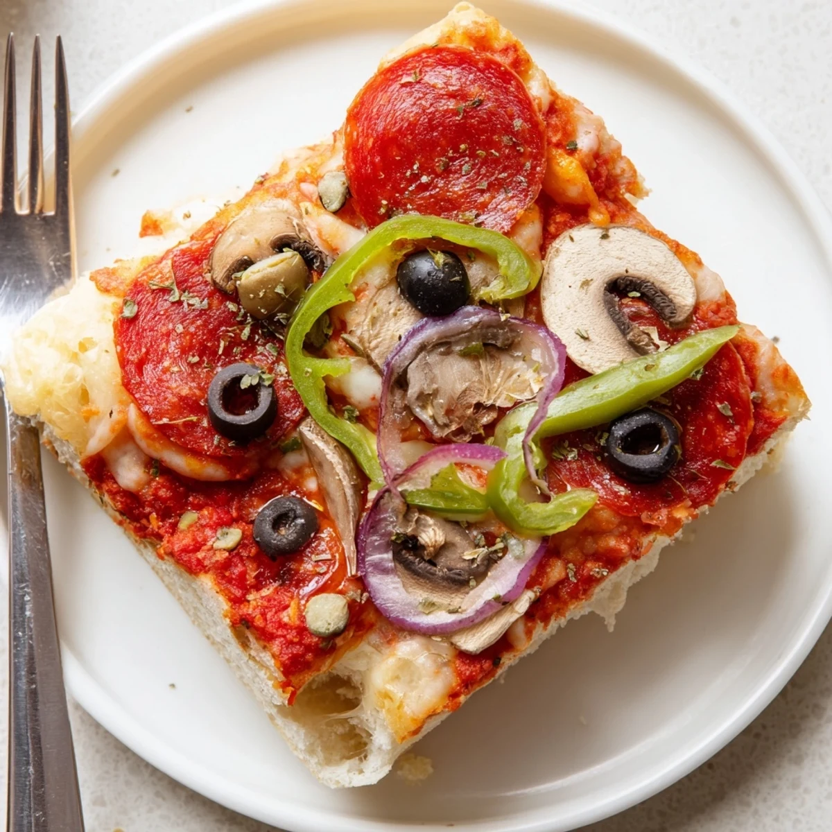 Homemade Focaccia Pizza Supreme showing dimpled olive oil crust and colorful toppings