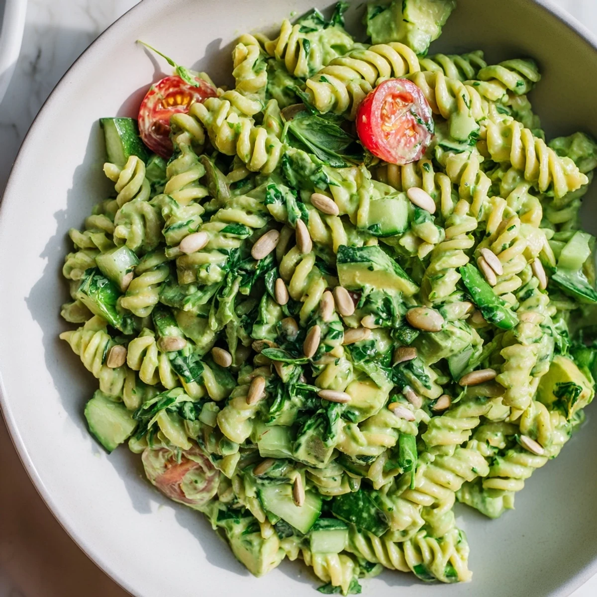 Chilled Green Goddess Pasta Salad topped with toasted seeds, refreshing for picnics
