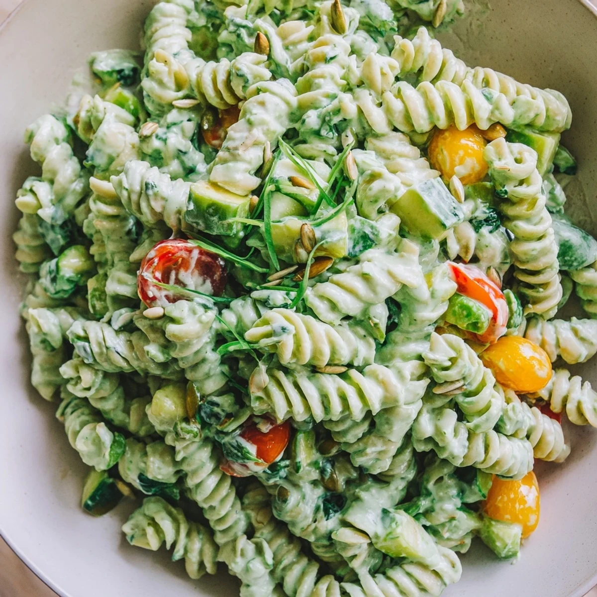 Green Goddess Pasta Salad in a bowl, creamy herb dressing, bright vegetables