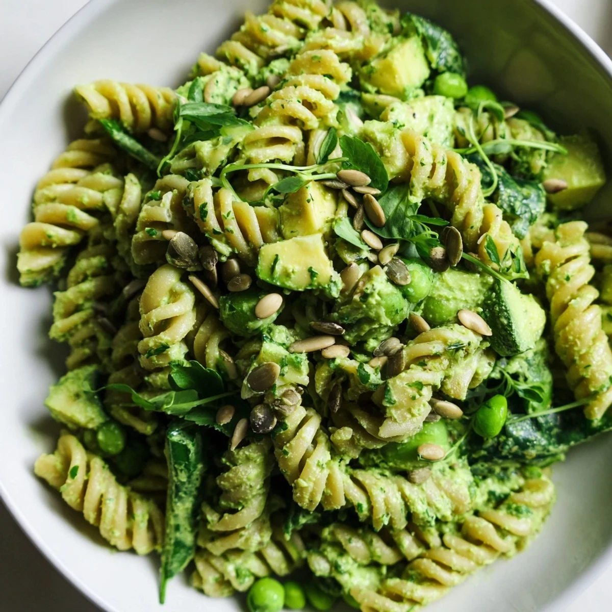 Forkful of Green Goddess Pasta Salad with lemony dressing, creamy avocado and crunch