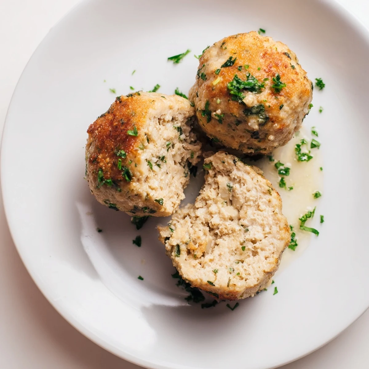 Juicy Chicken Meatballs sizzling golden in skillet, tender interior, parsley garnish