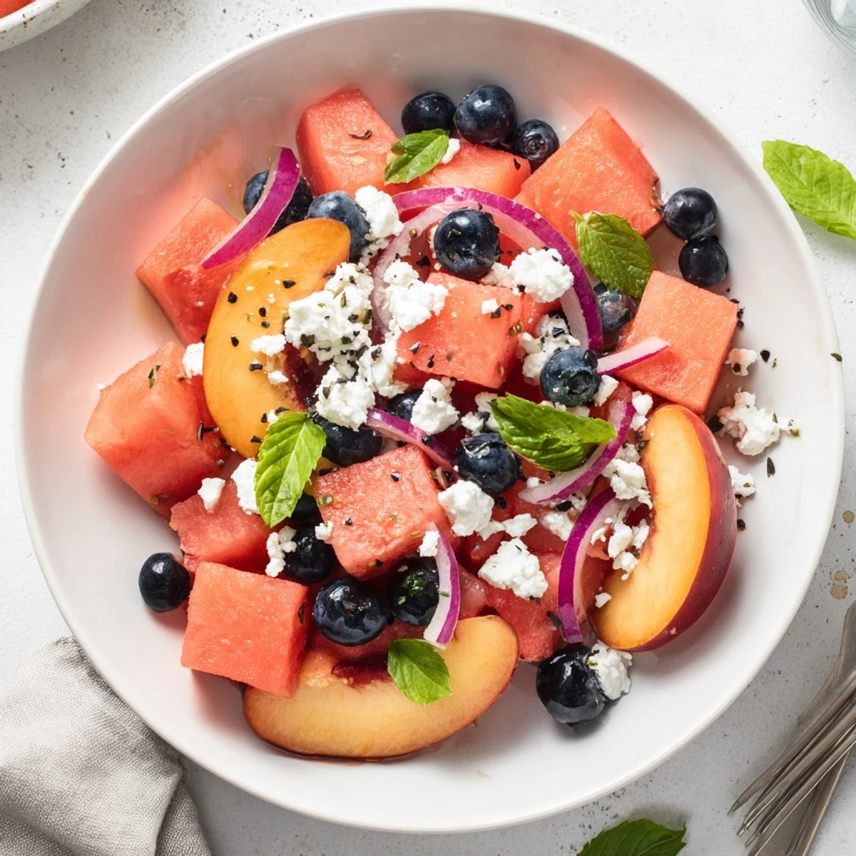 Peach Watermelon Salad With Feta piled in bowl, juicy, herb-scented summer freshness