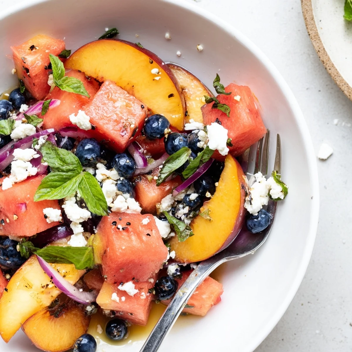 Chilled Peach Watermelon Salad With Feta dressed in lime-honey vinaigrette, garnished with mint