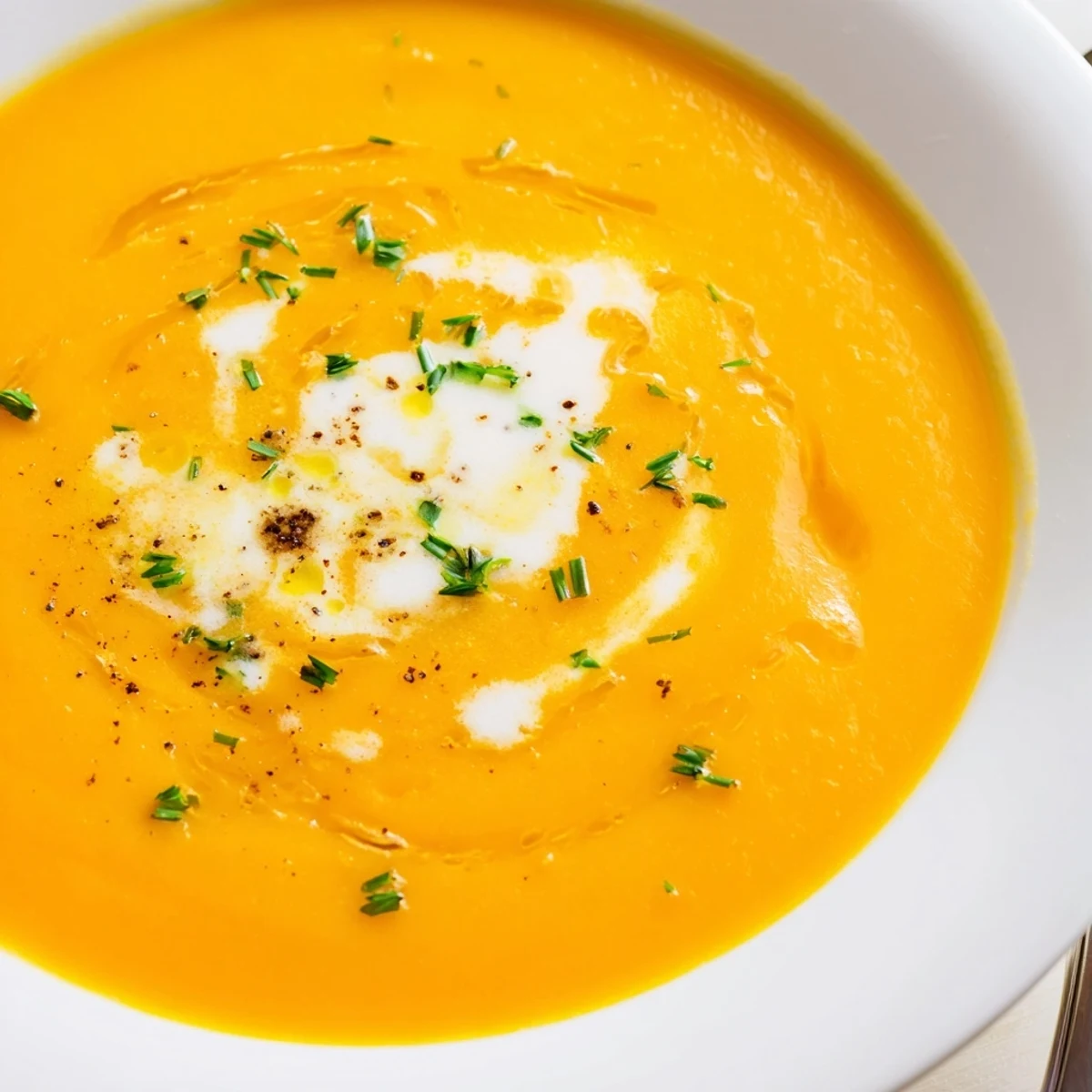 Creamy carrot soup steaming in bowl, garnished with parsley and cracked pepper